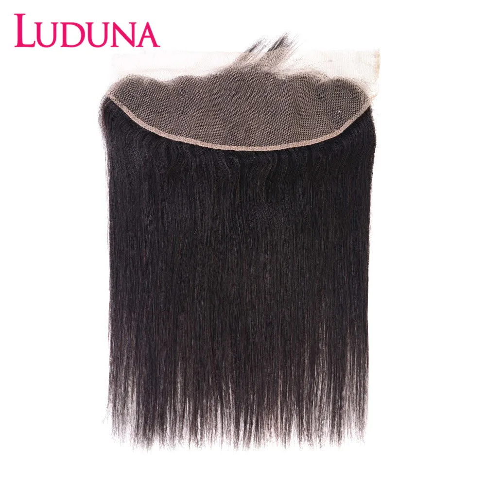 Luduna-100% de cabello humano liso peruano, cierre Frontal de malla Suiza, de oreja a oreja, 13x4, Remy