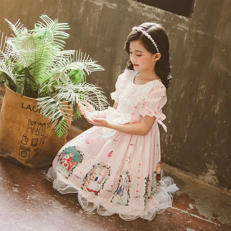 Pink sweet girl princess dress Lolita new summer dress flower basket bunny cartoon vestido lolita