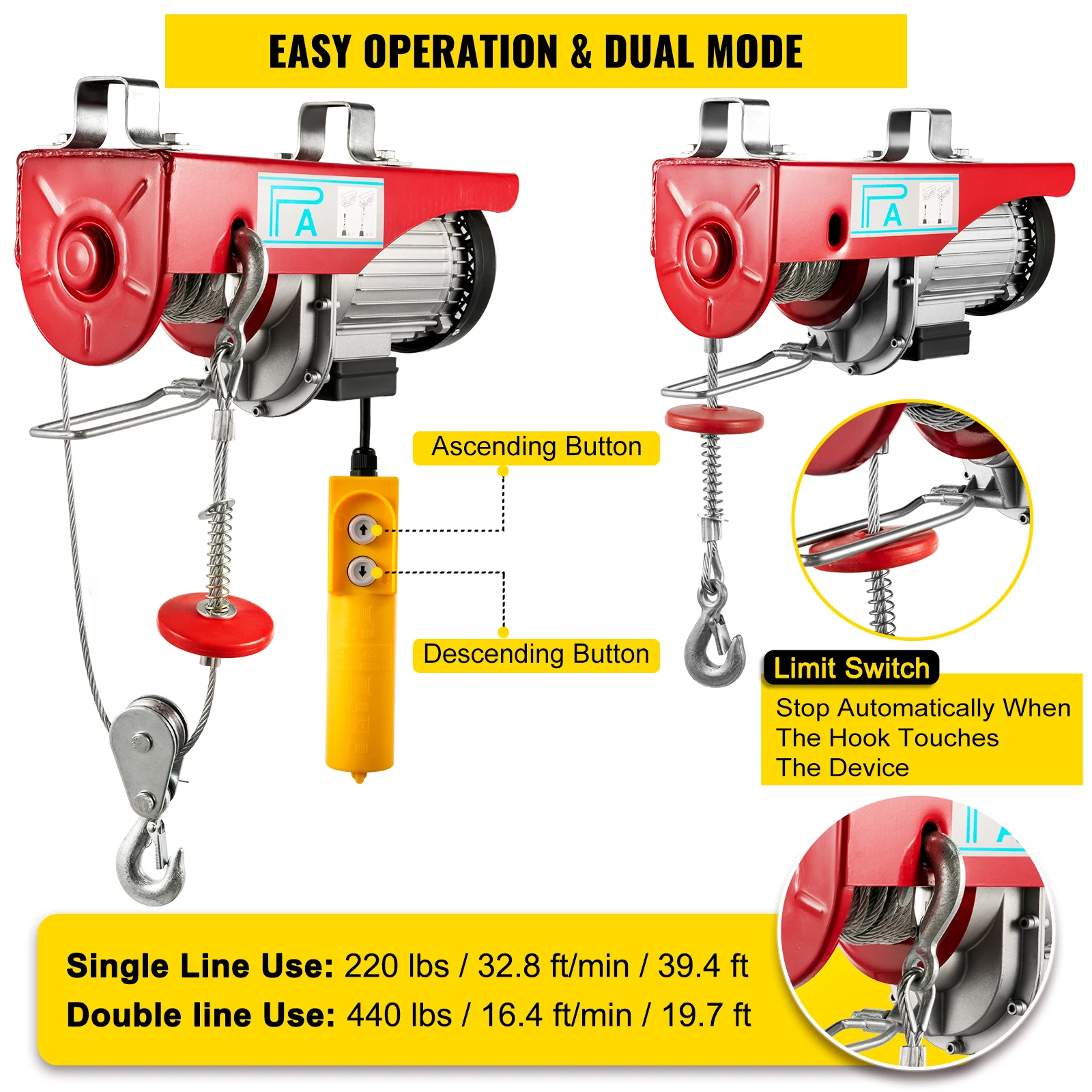 VEVOR 200-800KG Electric Hoist Crane New Portable Lifter Overhead Garage Winch with Wired Remote Control and Limit Switch