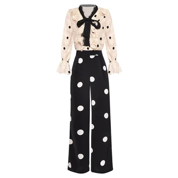 

HIGH QUALITY Newest 2020 Fashion Designer Runway Suit Set Women's Dot Lace Blouse Tops Pants Set