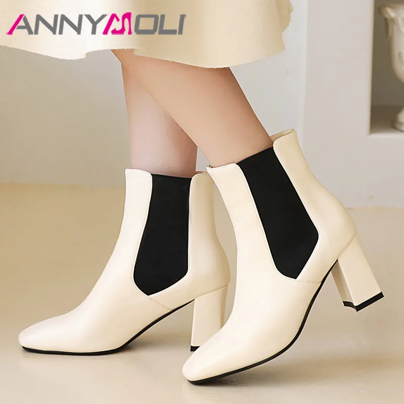 

ANNYMOLI Chelsea Boots Woman High Heel Ankle Boots Square Toe Short Boots Chunky Heel Female Shoes Autumn Winter Beige Size 46