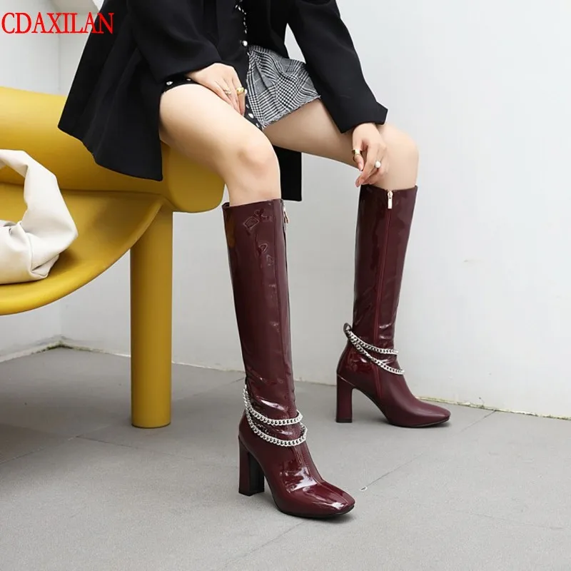 CDAXILAN NEW arrivals Riding equestain boots women's Patent leather side zipper high-heel knee-high boots winter warm boots