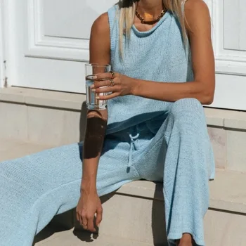 

Autumn Knit Set Women Solid Blue Sleeveless O Neck Loose with Elastic Waist Long Pants 2 Piece Knitted Suit Ropa De Mujer