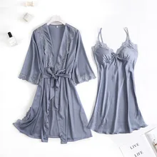 Осенний женский Атласный халат комплект из 2 предметов халат+ ночная рубашка пикантная кружевная пижама ночная рубашка без рукавов Шелковая пижама на груди