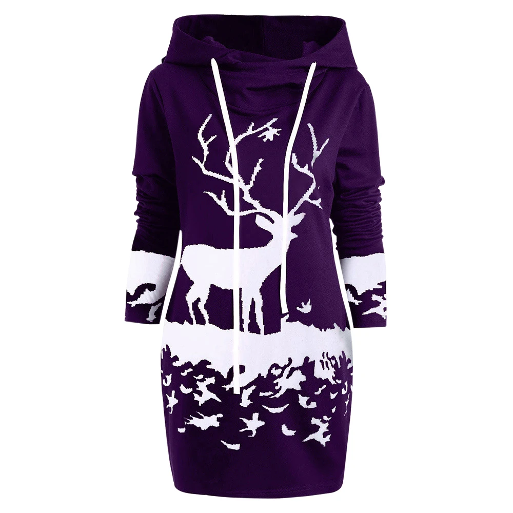 Purple WENYUJH осень, женское рождественское Монохромное мини-платье с капюшоном и завязками, Повседневная Толстовка размера плюс S-2XL - Цвет: Purple