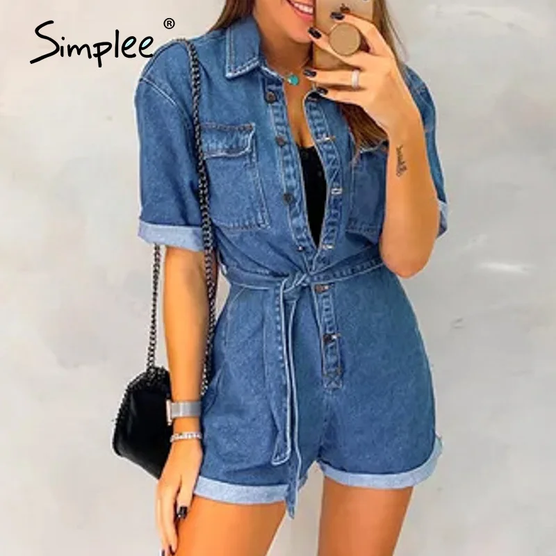 

Simplee Casual denim jumpsuit playsuits women short sleeve button blue female playsuit Sexy bow tie ladies jeans overalls