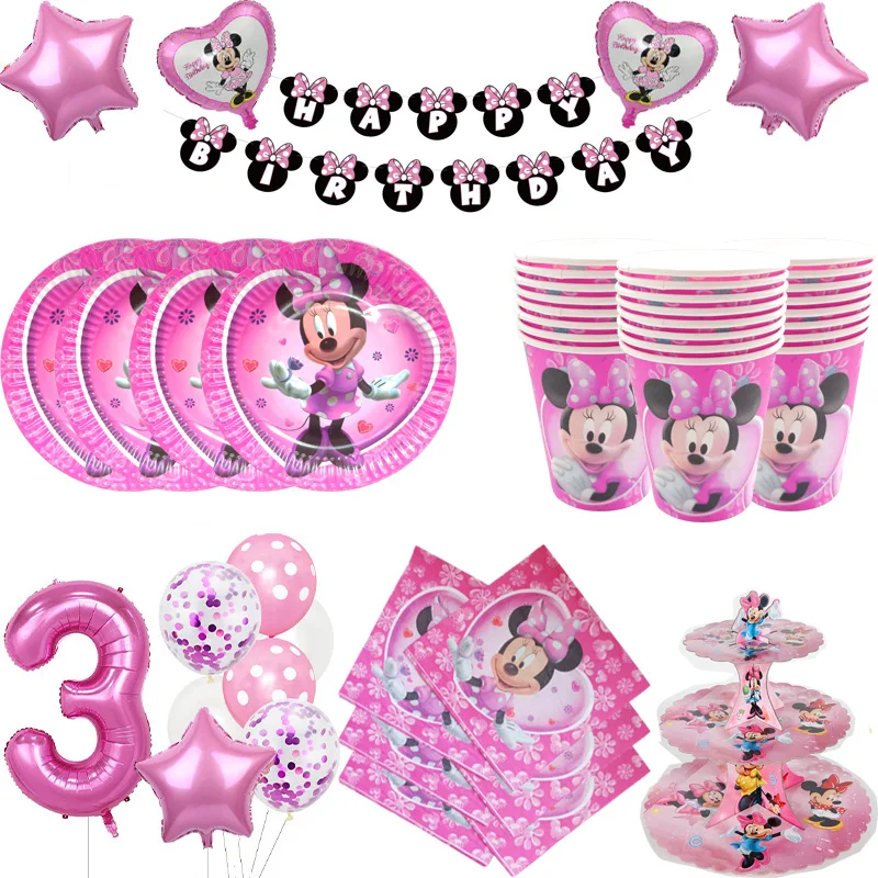 Minnie Mouse de Disney decoraciones para fiesta de cumpleaños, vajilla desechable o conjunto de globos, escenas, colección de decoración