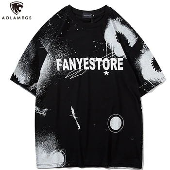 

Aolamegs T Shirt Men Retro Watercolor Inkjet Letter Printed Men's Tee Shirts Short Sleeve High Street Oversize Summer Streetwear