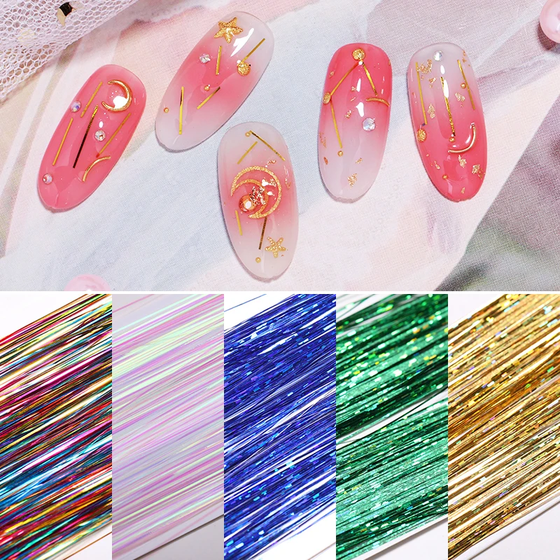 

1 Bag Metal Nail Wire Gracile Silk Thread Mixed Holographic Effects Gold Sliver Nail Tips Decorations for UV Gel Polishing