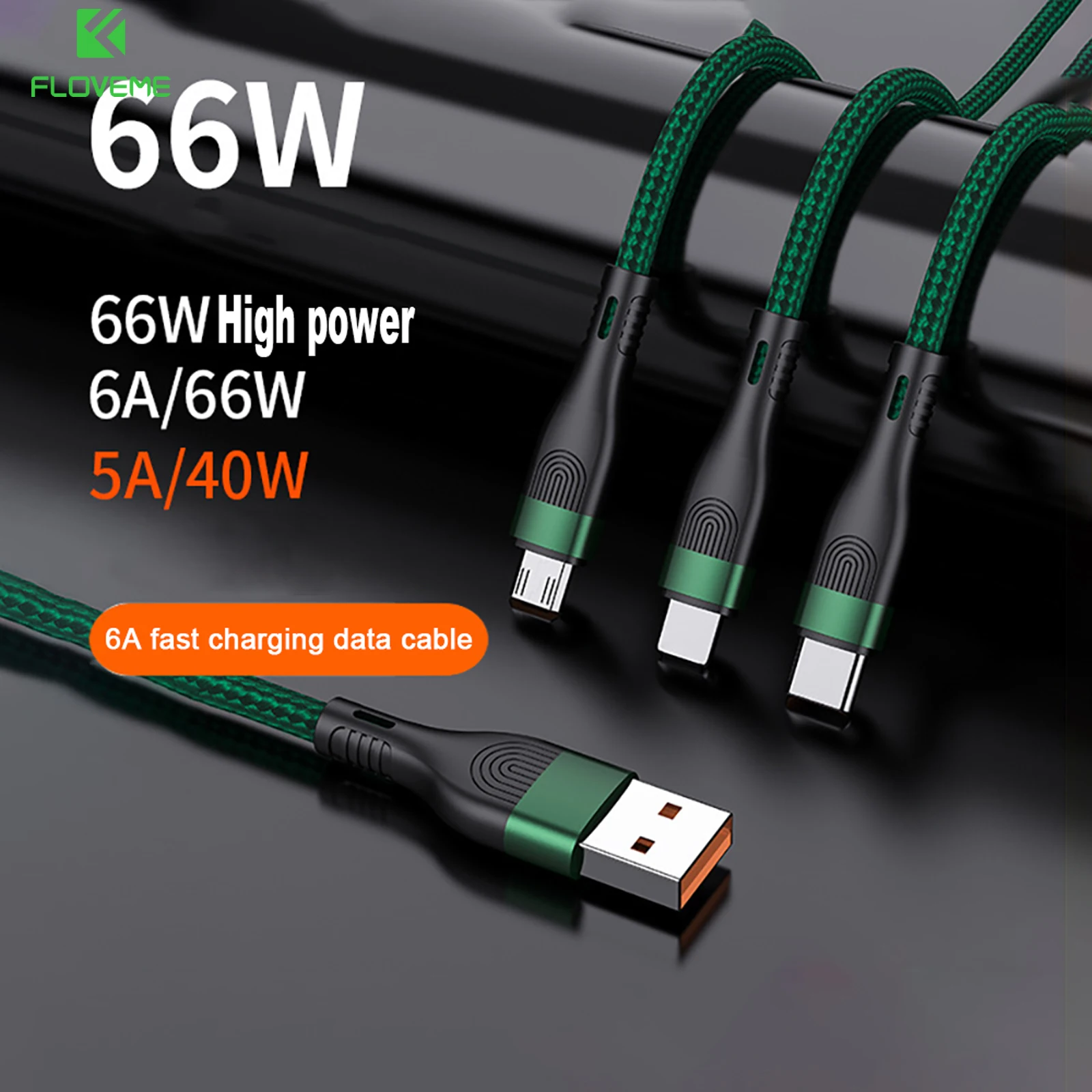 

Зарядный кабель Floveme 3 в 1, Micro USB Type-C, 6 А