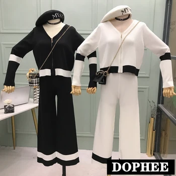 

2020 New Spring Women V-neck Zip Short Cardigan Shirt + Knit Straight Trousers Two-Piece Set Female Loose Knitting Pants Suit
