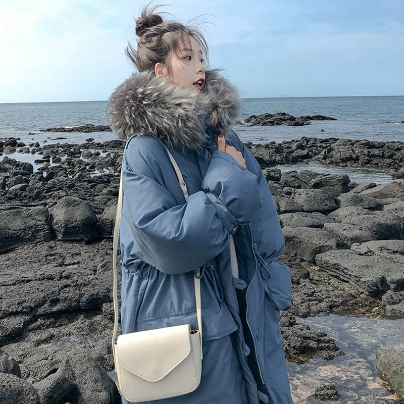

2019 Haze Blue Waist Hugging Drawstring down Coat CHIC Korean-style Large Fur Collar Hooded Long Cotton Overcoat Women's Winter