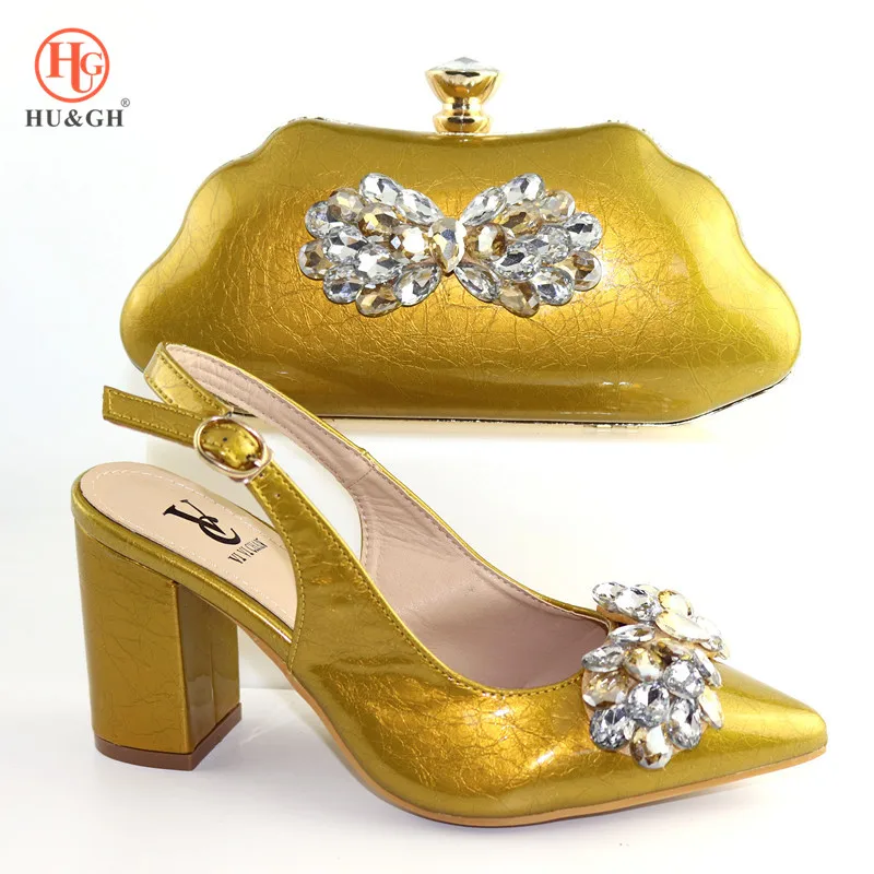 

Gold Color 2019 African Women Matching Italian Shoes and Bag Set Wedding Italian Shoes with Matching Bag Pointed Toe High Heels