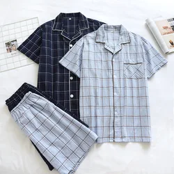 New Summer Men's 100% Cotton Pajamas Two-piece Large Size Thin Short-sleeved Shorts Plaid Casual Home Service Set Sleep Wear Men