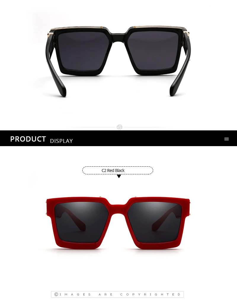 The top image features black rectangular oversized sunglasses with dark lenses, capturing a retro designer aesthetic. The bottom image displays red rectangular sunglasses, identified as "C2 Red Black," set against a white background. Both pairs from the Fashion Thick Frame Glasses collection provide UV400 protection for stylish sun safety.