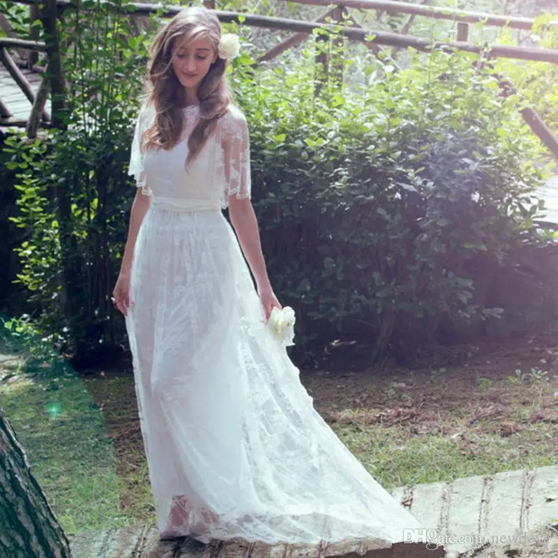 Fashion Wedding Dresses Jewel Half Sleeves Lace Appliques Bohemia Garden Bridal Gowns Boho A Line Beach Wedding Dress Customized - 3