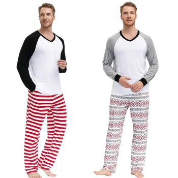 

Zexxxy Men Christmas Pajamas Contrast Color Tops+Elastic Waist Pants 2pcs Set Men's Long-sleeved Top And Trousers Christmas Paja