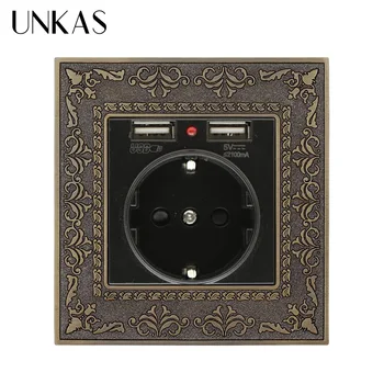 

UNKAS Dual USB Charging Port Embossed Panel Zinc Alloy High End Retro Panel 16A Black EU Standard Power Wall Socket