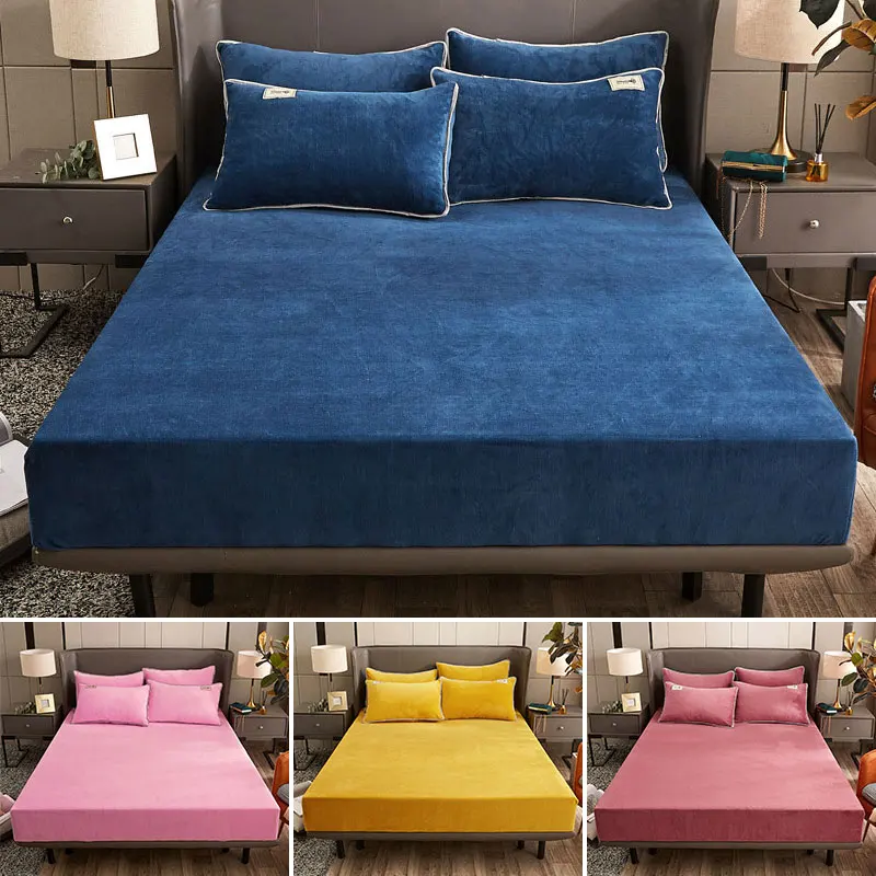 Winter Velvet Bedspread Fitted Sheet Mattress Cover Elastic Soft Abrasion Bedding Linens