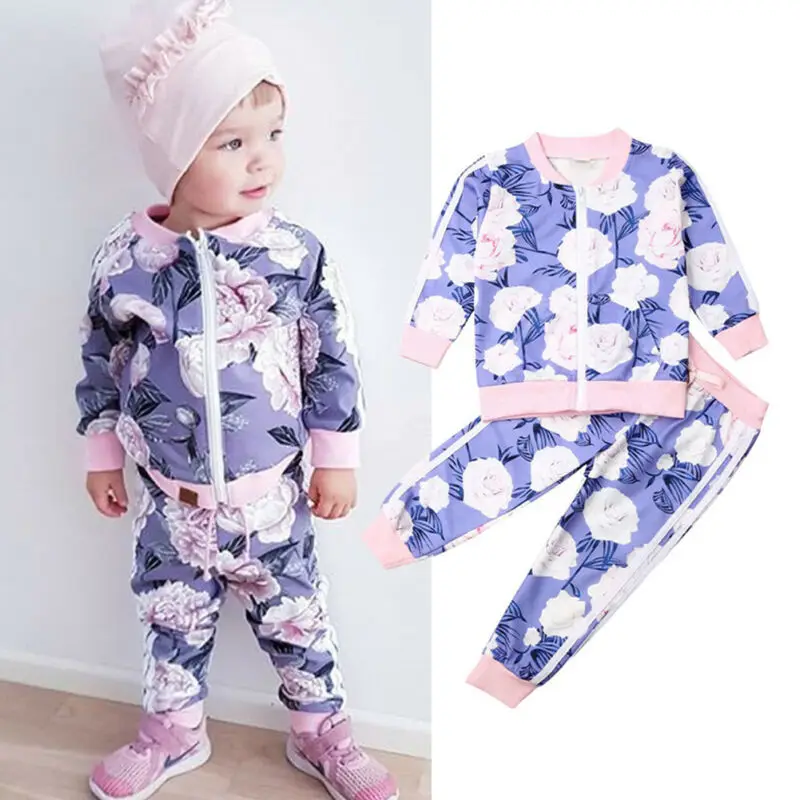 

toddler Girl clothes Baby Floral 2PCS Clothes Zipper Top Sweatshirt Pants Trousers children kids clothes girls fall outfits