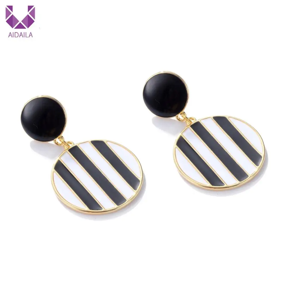 

Aidaila 2019 Korean Round Square statement drop earrings Black White Enamel Zebra stripes jewelry Gold dangle earring for women