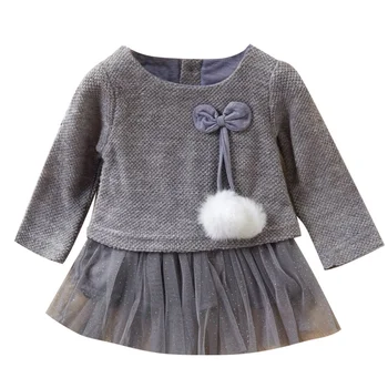 

0-24M Newborn Baby Girl Dress Children New Autumn Girls Cute Knitted Wool Ball Mesh Stitching Princess Sweet Princess Dress