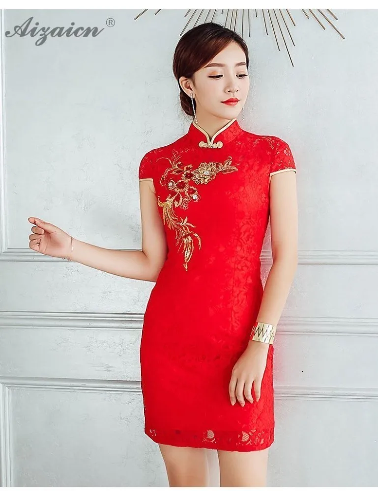 Мода Корто Cheongsam las mujeres chino tradicional de la boda Vestido de encaje rojo Qipao estilo Восточное винтажное платье