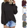 40#Ladies Blouses Fashion Round Neck Lace Hollow Long Sleeve Casual Loose Pullover Flannel Shirt Women cuellos falsos de mujer 6