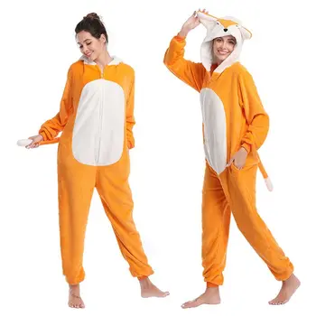 

Women Flannel Loose Sleepwear Cute Fox Animal Costume One Piece Zip Up Hooded Pajamas Flannel Sleepwear 24BC