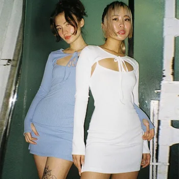 

2020 Casual Knitted Matching Set Women Fashion Bodycon Outfits Autumn Slim Lace Up Long Sleeve Solid Color Mini Dress Co-ord Set