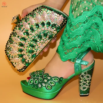 

New Arrival Italian Lady Fashion trand Decorated with rhinestones designs High heels shoes And bag set green color sandals