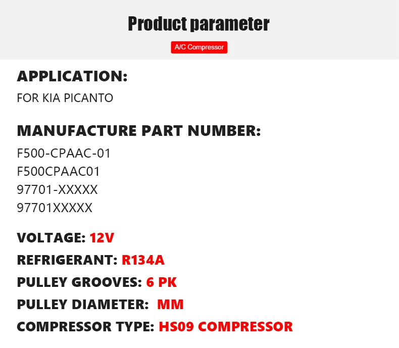 HS09 компрессор переменного тока для kia picanto аксессуары F500-CPAAC-01 F500CPAAC01 97701-XXXXX 97701XXXXX