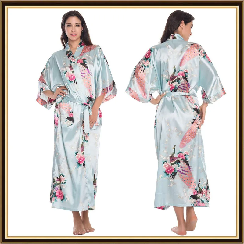 Half Sleeve Loose Style Woman Japanese Kimono Satin Silk Sleepwear Pajamas Peacock Spa Yukata Bathing Robe Lady's Long Dress