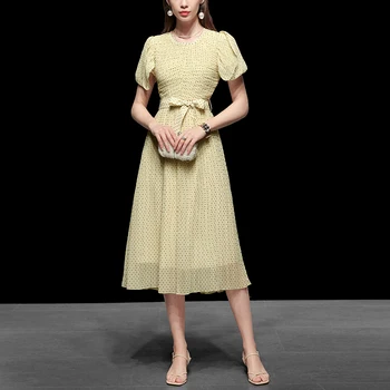 

Seifrmann Summer Runway A-Line Dress Women Puff Sleeve Bow Lace up Polka Dot Femme Vacation Casual Party Ladies Midi Dresses