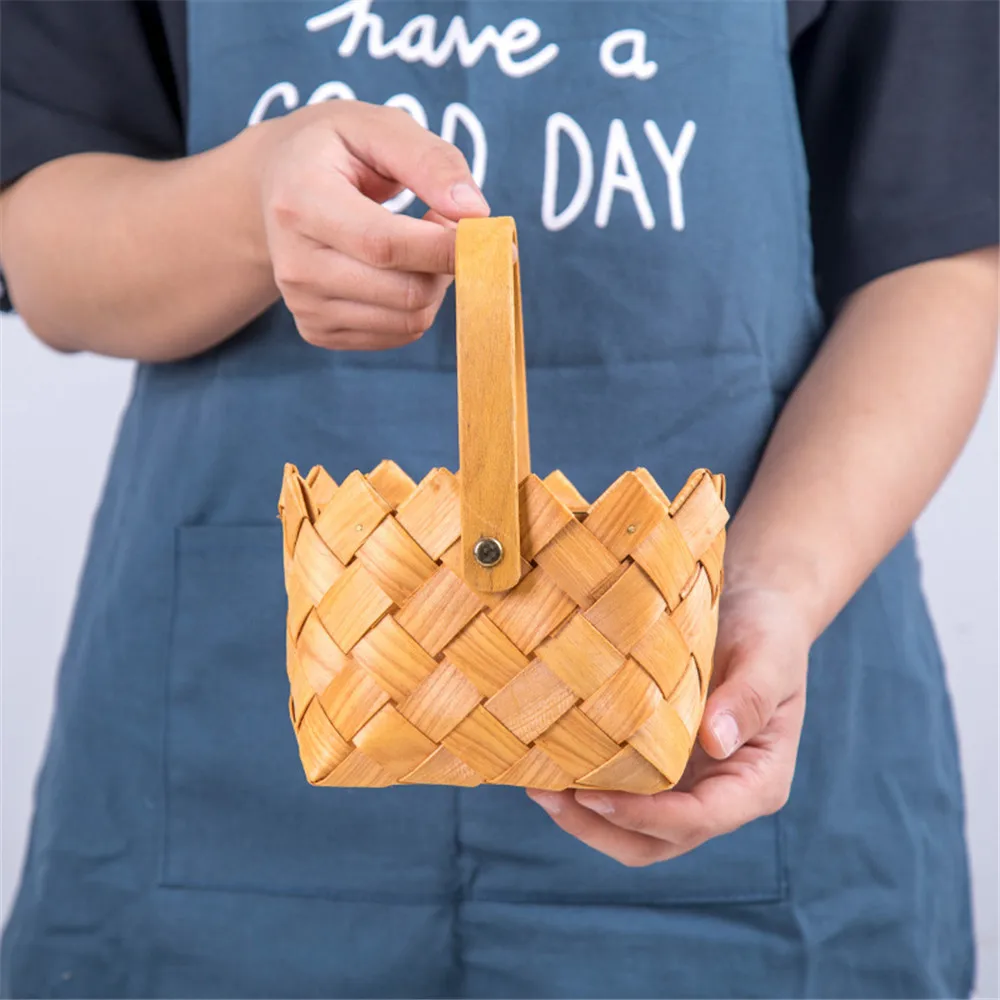Wood Weaving Storage Basket with Handle Nordic Ins Pastoral Picnic Bread Food Fruit Cosmetic Towel Storage Basket Home Organizer