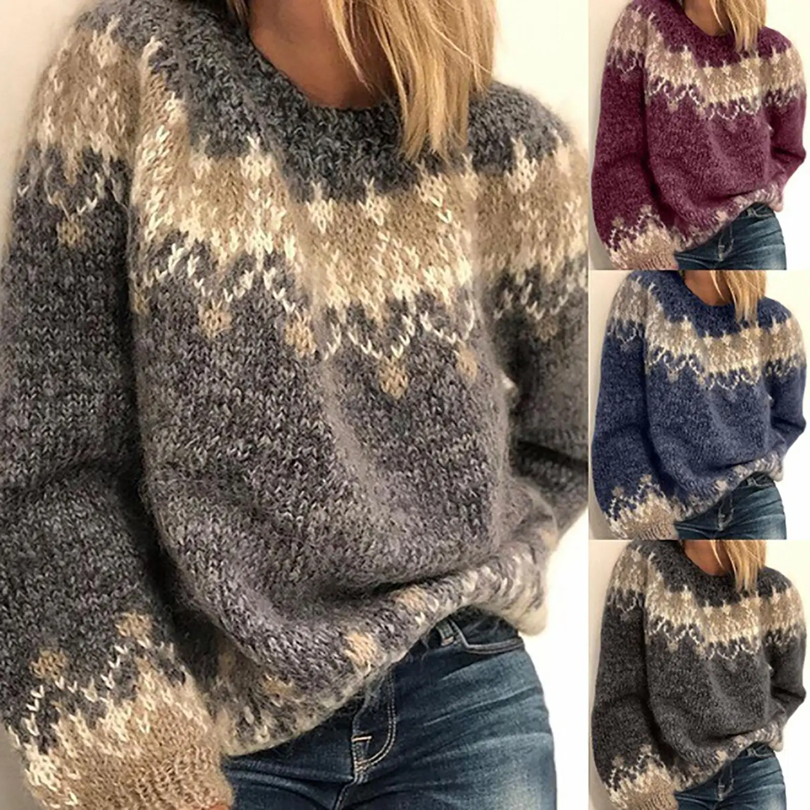 

Women Autumn Winter Long Sleeve O Neck Knitted Sweater Jumpers Warm Pullover