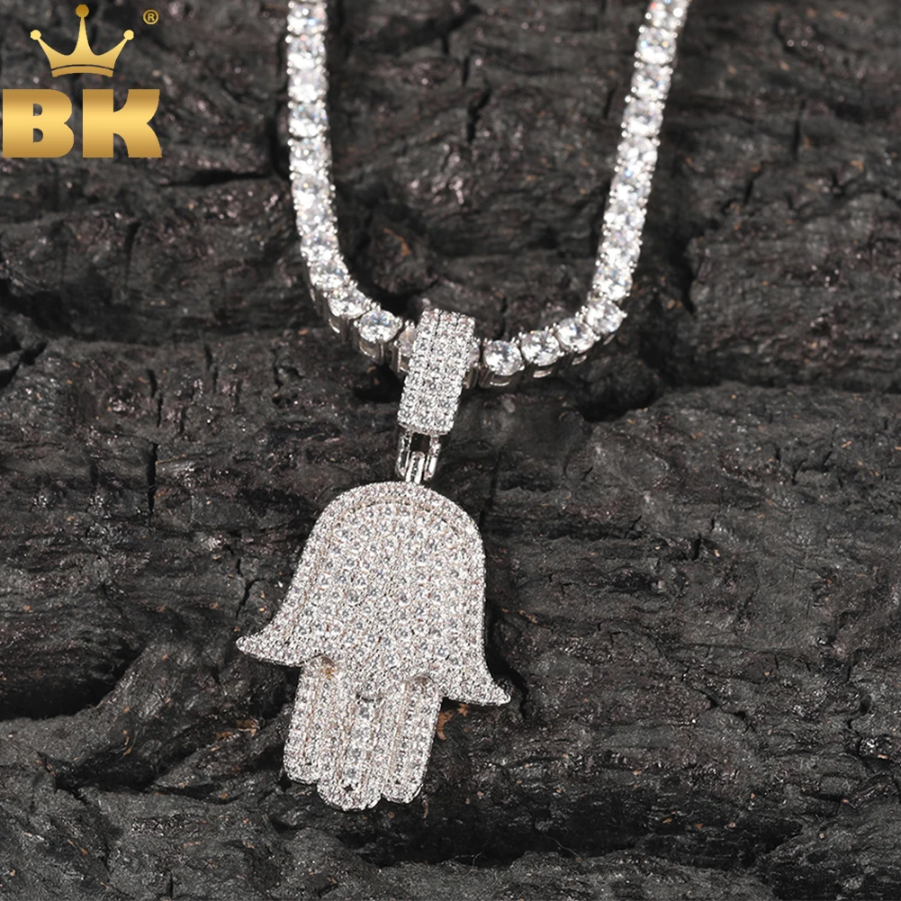 

THE BLING KING Full Iced Out Bling Cubic Zirconia Hamsa Hand Pendant Necklace Tennis Chain Luxury Hiphop Jewelry For Gift