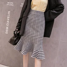 Гофрированная мермади юбка Женская Ретро винтажная клетчатая юбка Осенняя Calssic эластичная талия юбка 3415LY
