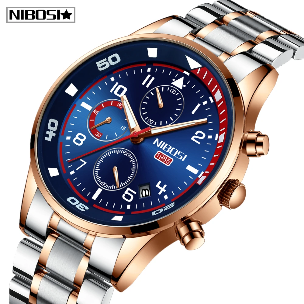 

NIBOSI Men Watches Fashion Chronograph Sport Military Watch Top Brand Luxury Stainless Steel Sliver Waterproof Quartz Watch Men