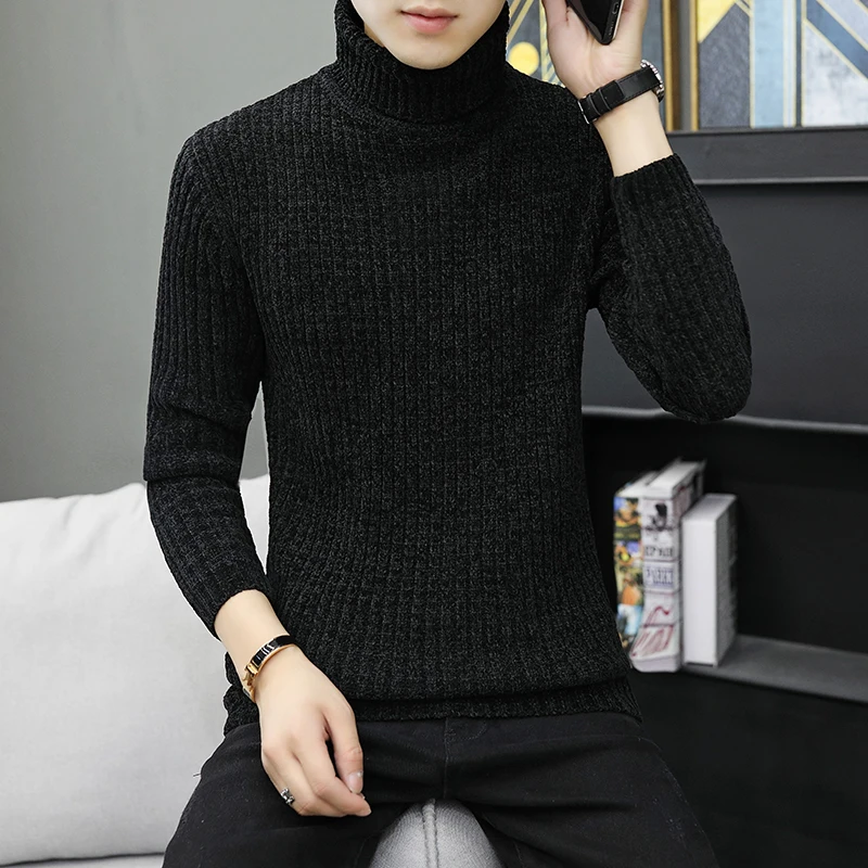 High Quality Warm Turtleneck Sweater Men Fashion Solid Knitted Mens Sweaters Casual Slim Pullover Male Double Collar Tops