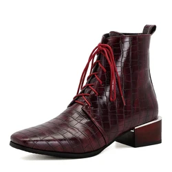 Square Head Crocodile Pattern Lace Ankle Boots Thick Heel Cross Lace Stone Pattern Warm Autumn And Winter Women’S Boots