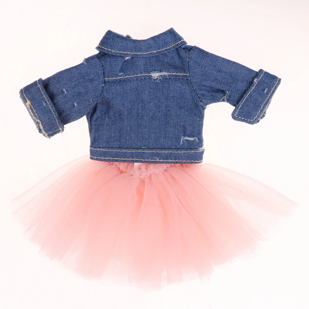 Adorable 4-Layers Gauzy Dress Jeans Jacket Outfit for 12inch Blythe Azone 1/6 BJD Dollfie Dolls Clothes Accessories Pink