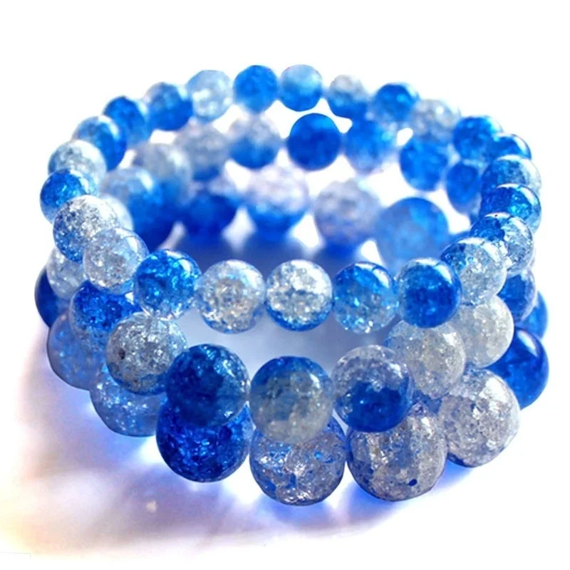 

Handmade Ocean Blue Blasting Crack Quartz Crystal Bracelets Natural Stone Lava Round Beads Elasticity Rope Hand Strings Jewelry