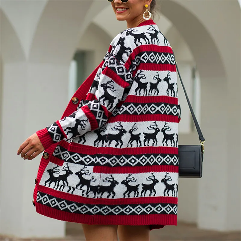 Женский Рождественский пуловер с принтом лося свитера зимние топы кардиганы Одежда для женщин длинный рукав вязаный Повседневный свитер красный XL