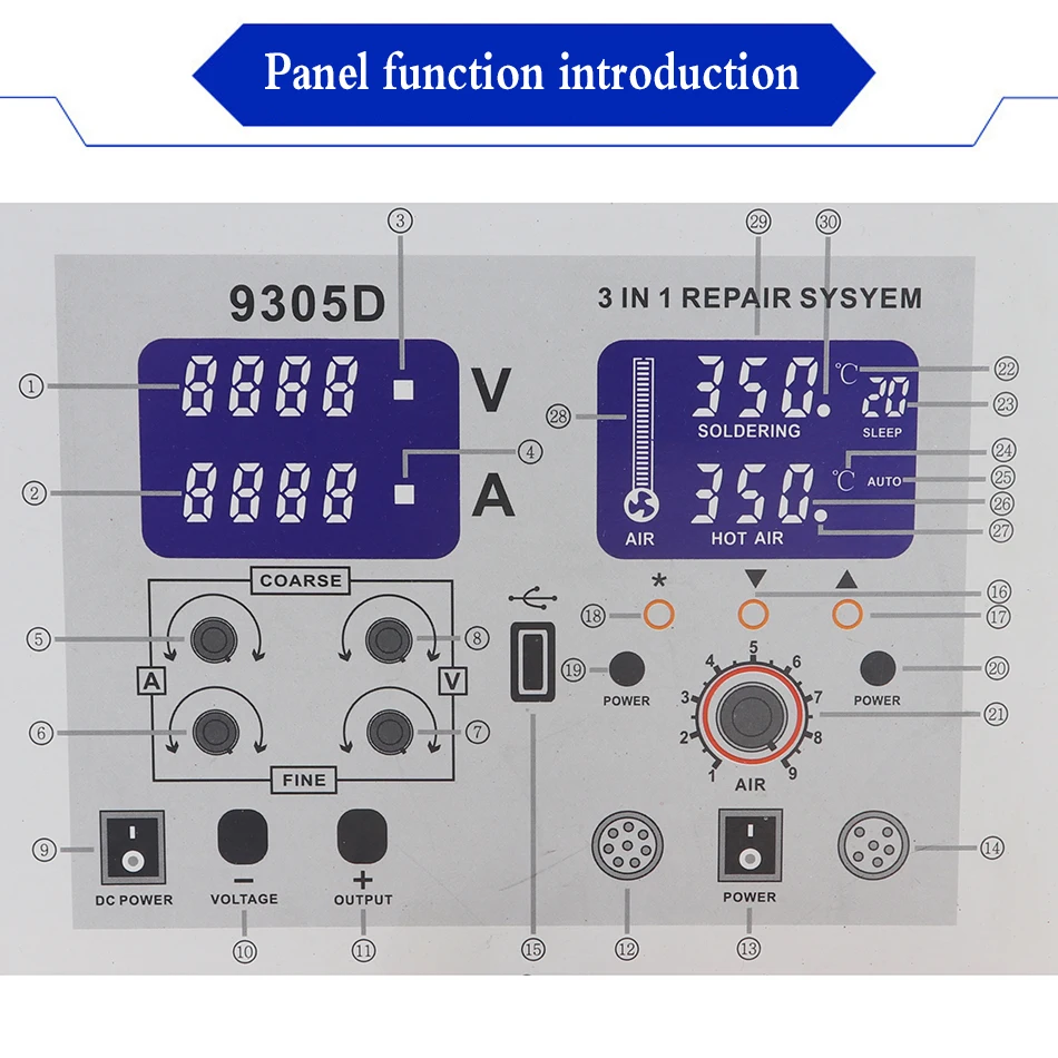 HANDSKIT 9305D SMD паяльная станция фена и паяльник для подключения к DC Питание для детей, на возраст от 0 до 30V 0-5A USB 5V 2A 4-в-1 паяльная станция