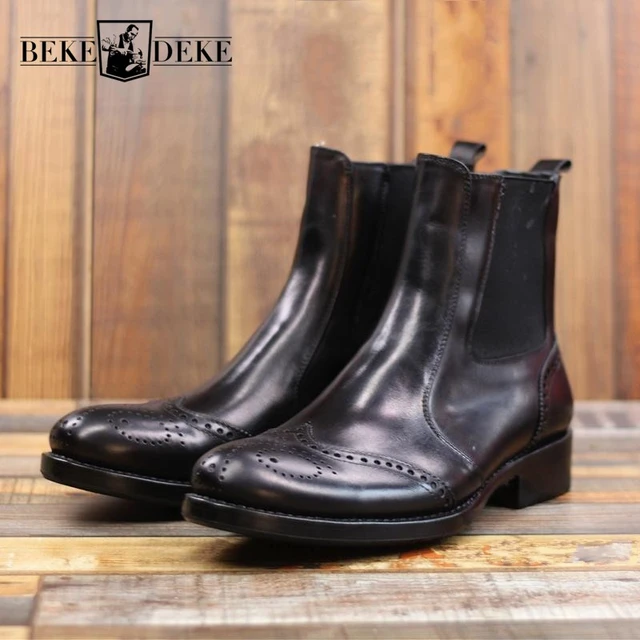 Manual Chelsea Boots Pointed Toe Carved Mens Black Genuine Leather Biker Boots Vintage Cowhide Slip-On Ankle Boot - AliExpress