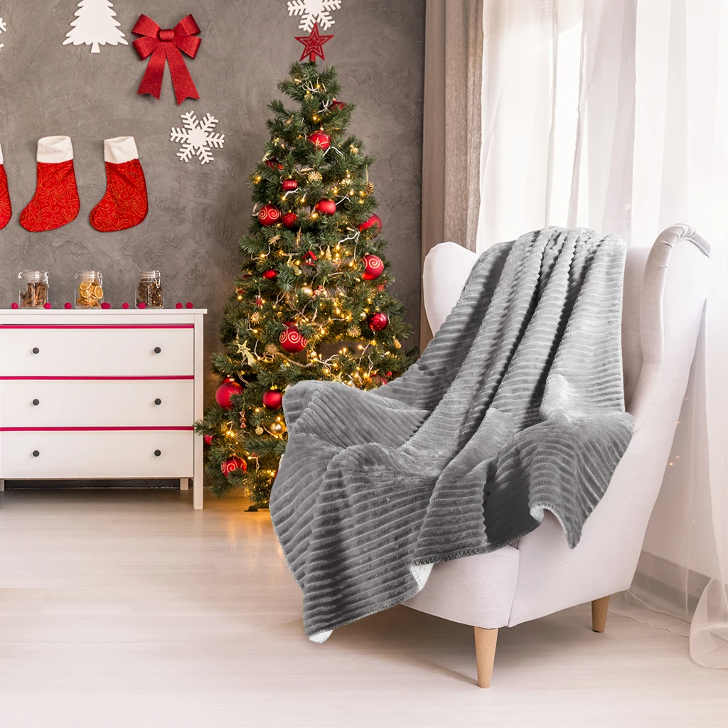 

New Stripe Ribbed Flannel Throw Reversible Cozy Soft Sherpa Blanket Warm Bed Sofa Couch Throw Lightweight 50 X 60 Inche