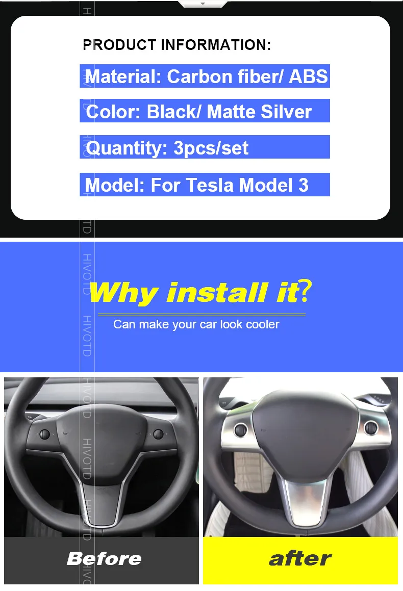 Hivotd для Tesla модель 3 Автомобильный интерьер из углеродного волокна чехол на руль Наклейка декоративная рамка для кнопки аксессуары