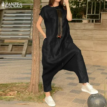 

Plus Size Trendy Women clothes solid Casual Loose pocket Jumpsuit round neck sleeveless Polyester Romper one pieces