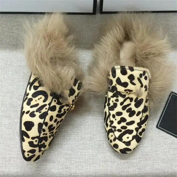 Обувь; женская кожаная обувь на плоской подошве; Вьетнамки с натуральным мехом; женские слинбэки; Уличная обувь; Высококачественная Брендовая обувь; модные шлепанцы с мехом - Цвет: leopard